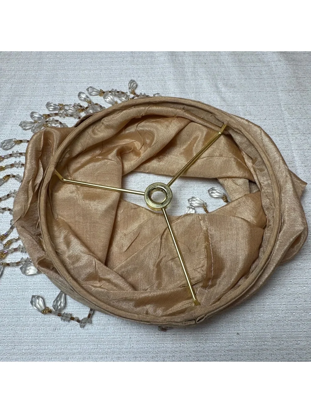 Vintage Gold Silk Bell Lamp Shade With Beaded Crystal Fringe 7 Inch